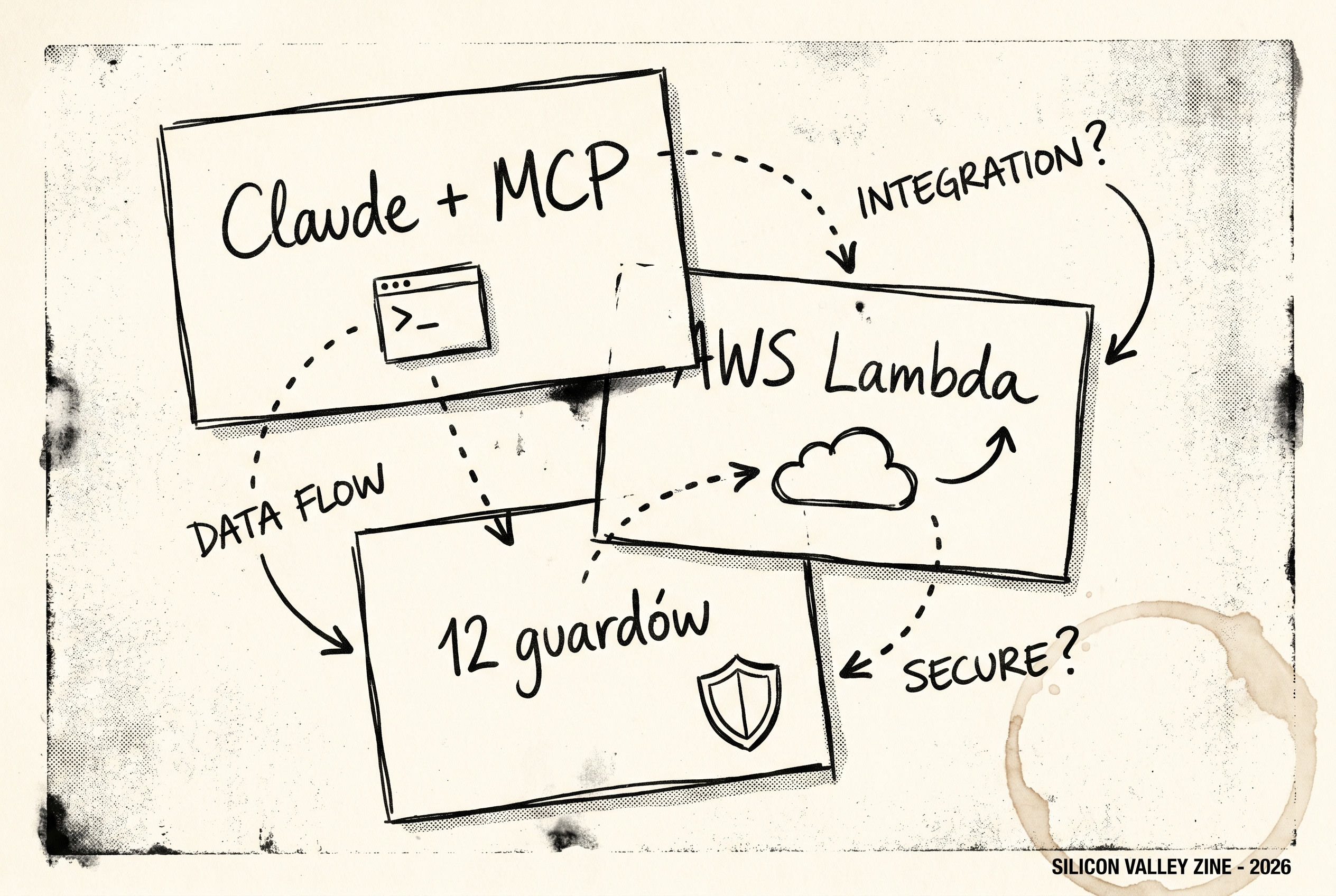 Ręcznie rysowany diagram trzech warstw stacku: silnik decyzyjny (Claude + MCP), automatyzacja chmurowa 24/7 (AWS Lambda), 12 zabezpieczeń jakości draftów. Editorial zine aesthetic.